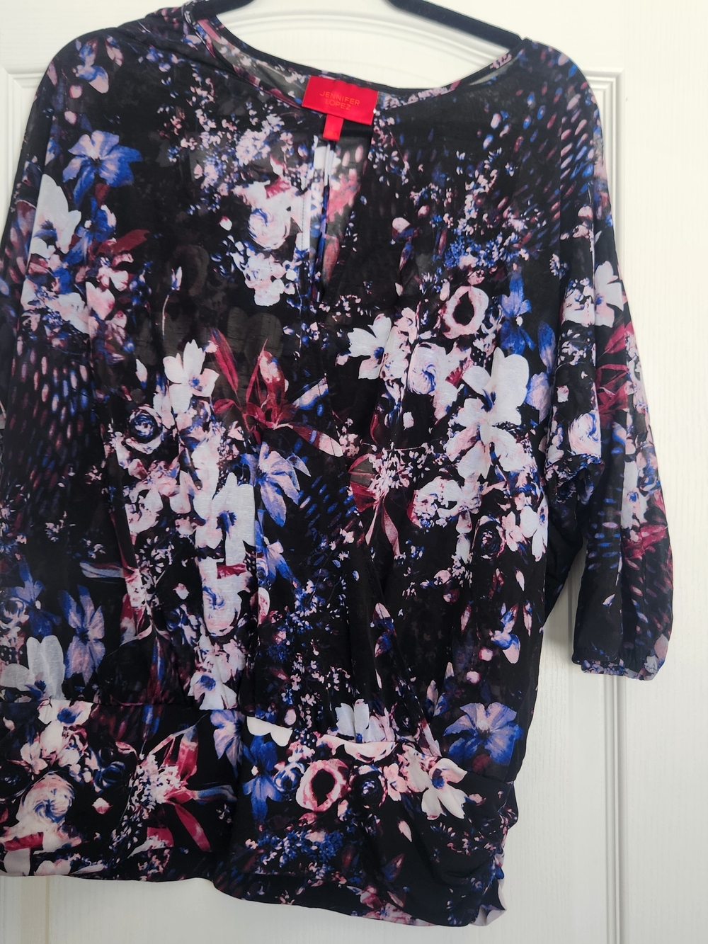 Jennifer Lopez Black Blouse with Pink and Blue Floral Print L Euc